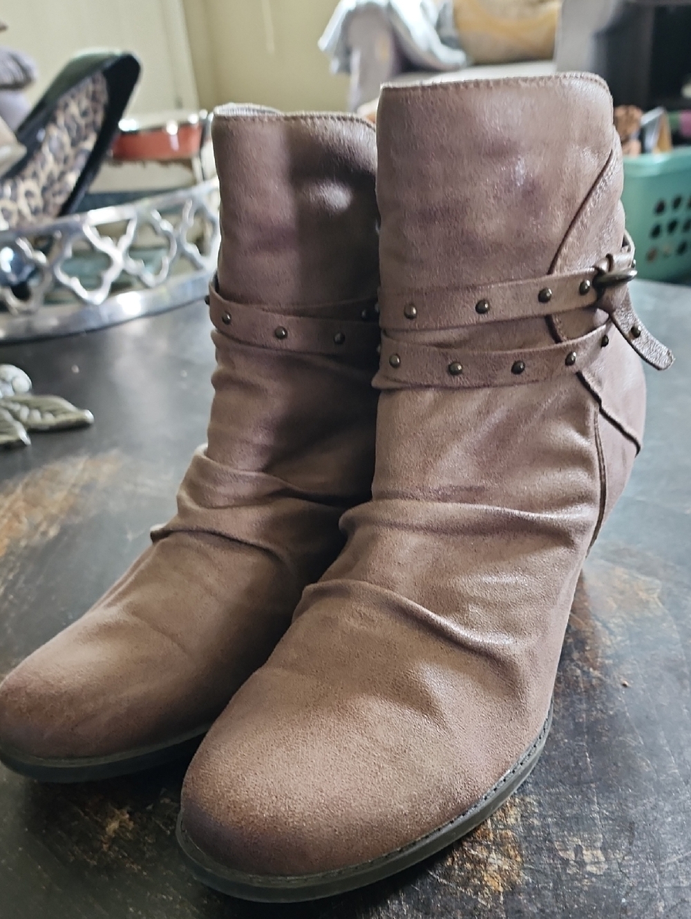 Women's Bare Traps Brown Suede Ankle Boots with Studded Strap Size 11